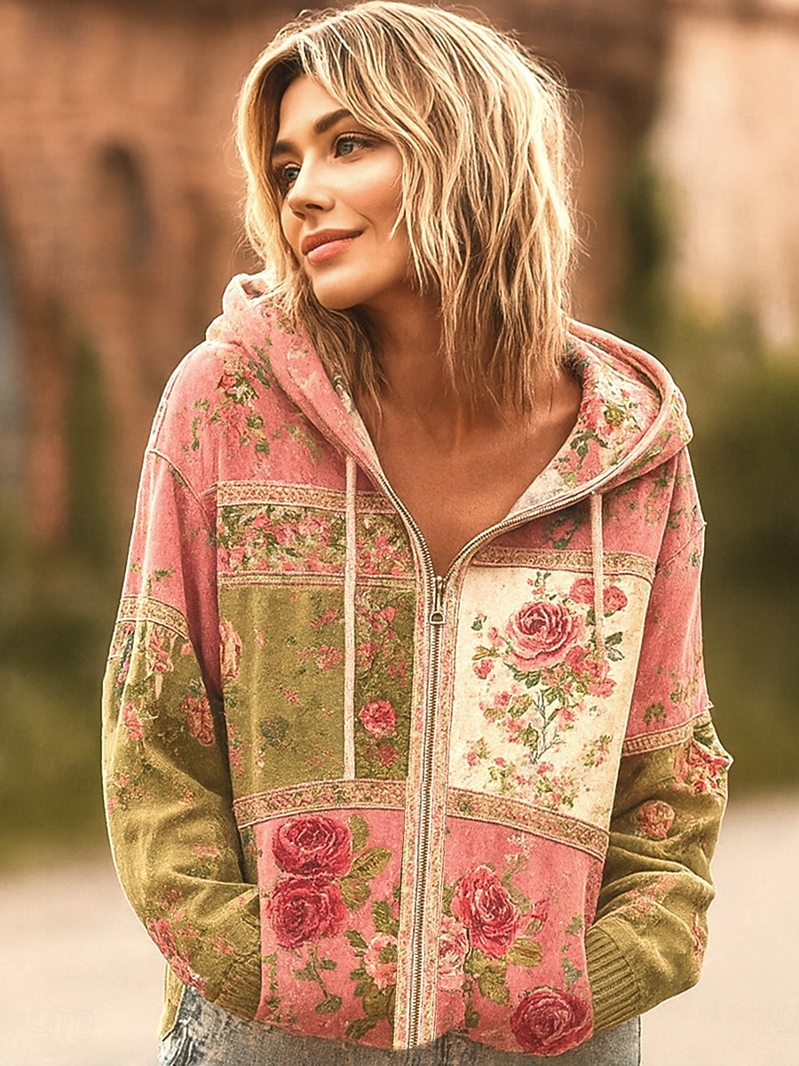Femmes Sweats à capuche zippés Fleuri Punk Actif ancien manche longue À capuche Hauts Réguliers Maison Tenue Quotidienne Occasionnel Patchwork Rose Claire Gris foncé Beige Automne Hiver de 2025 ? $34.99 –P3