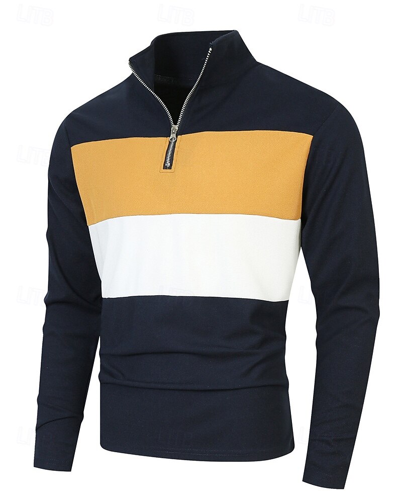 Herren Poloshirts Viertel-Reißverschluss-Poloshirt Alltagskleidung Date Viertelreißverschluss Langarm Mode Basic Farbblock Patchwork Reißverschluss Frühling Herbst Normale Passform Schwarz Wei 2025 - $18.99 –P9