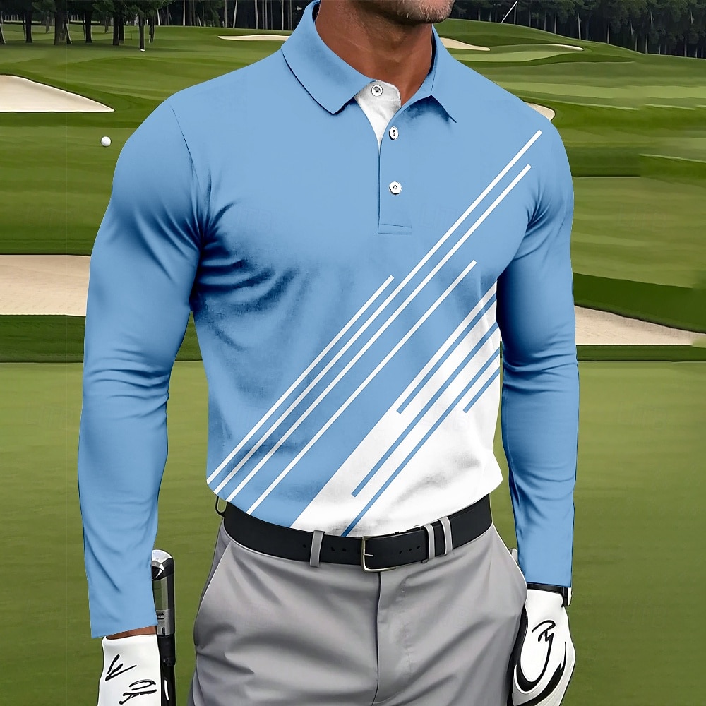 Herr Geometrisk Linje Polo Långärmad Polotröjor Skjortor med krage Sportkläder Fritids- Dagliga kläder 3D-utskrift Vår Höst Vinter Svart Rubinrött Marinblå 2025 - $21.99 –P1