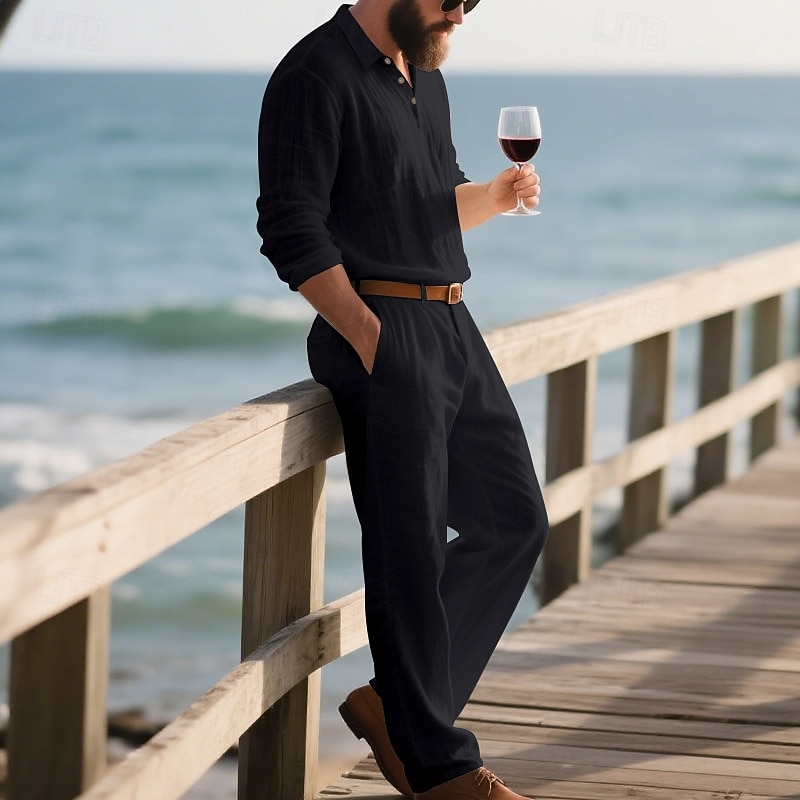 Per uomo Set di biancheria Completi T-shirt Completi camicia e pantaloni Outfit 2 pezzi Manica Lunga Bavero Primavera Autunno Semplice Moda Casual 2 Pezzi Vacanza Abbigliamento quotidiano Uscire Nero del 2025 a $43.99 –P12