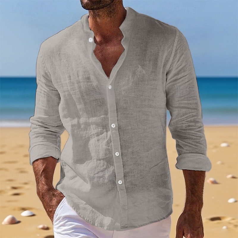 Herren Hemd Leinenhemd Sommerhemd Strandbekleidung Knopfhemd Einfach Urlaub Täglich Schwarz Weiß Rosa Blau Langarm Stehkragen Sommer Frühling & Sommer Bekleidung 2025 - $23.99 –P7