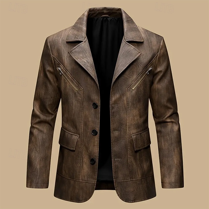 Herr Imitationsläderjacka Blazer i konstläder Bikerjacka Semester Dagligen Vindtät Håller värmen Ficka Vår Höst Slät Mode Klassisk Kavajslag Normal Imitationsläder Svart Kaffe Jacka 2025 - $55.99 –P4