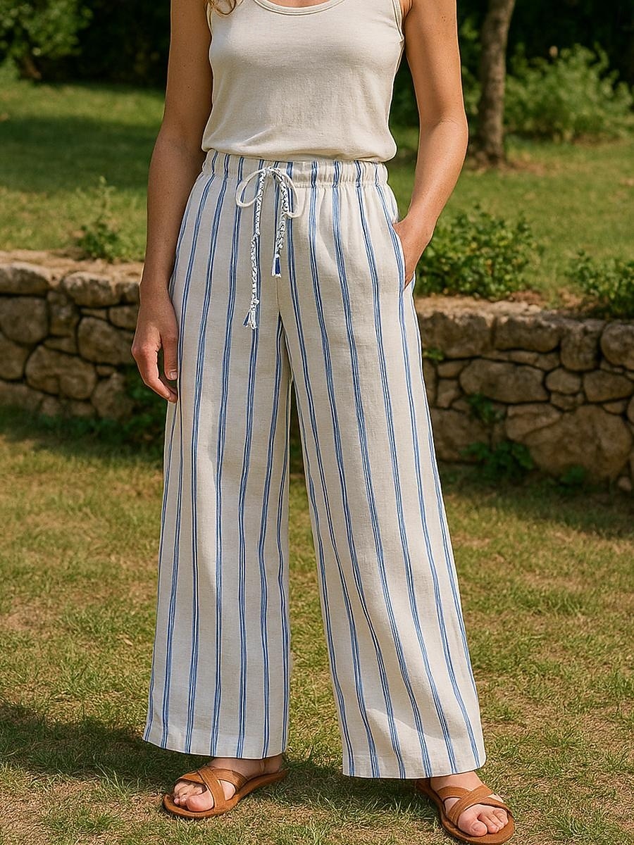 Dame Linbukser i bomull Frekk Ferie Årgang Etnisk stil Full lengde Medium Midje Stripet Snorer Lomme Elastisk midje comfy Pusteevne Myk Uelastisk Feriereise Hjem Gate Blå og hvite striper Sommer Vår 2025 - $40.99 –P1