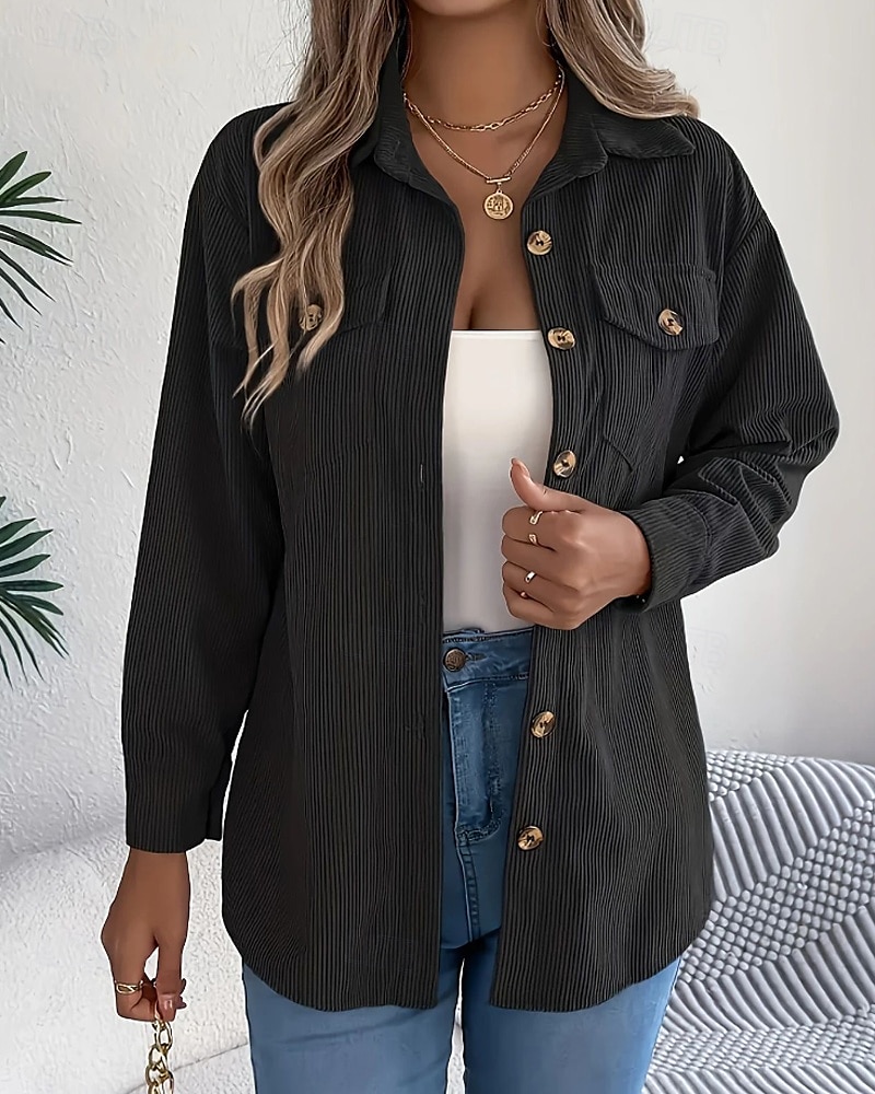Damen Hemd Textur Bluse Bluse Einfach Modern Lässig Langarm Hemdkragen Normale Oberteile Täglich Ausgehen Tasche Knöpfe Schwarz Wein Khaki Herbst 2025 - $23.99 –P9