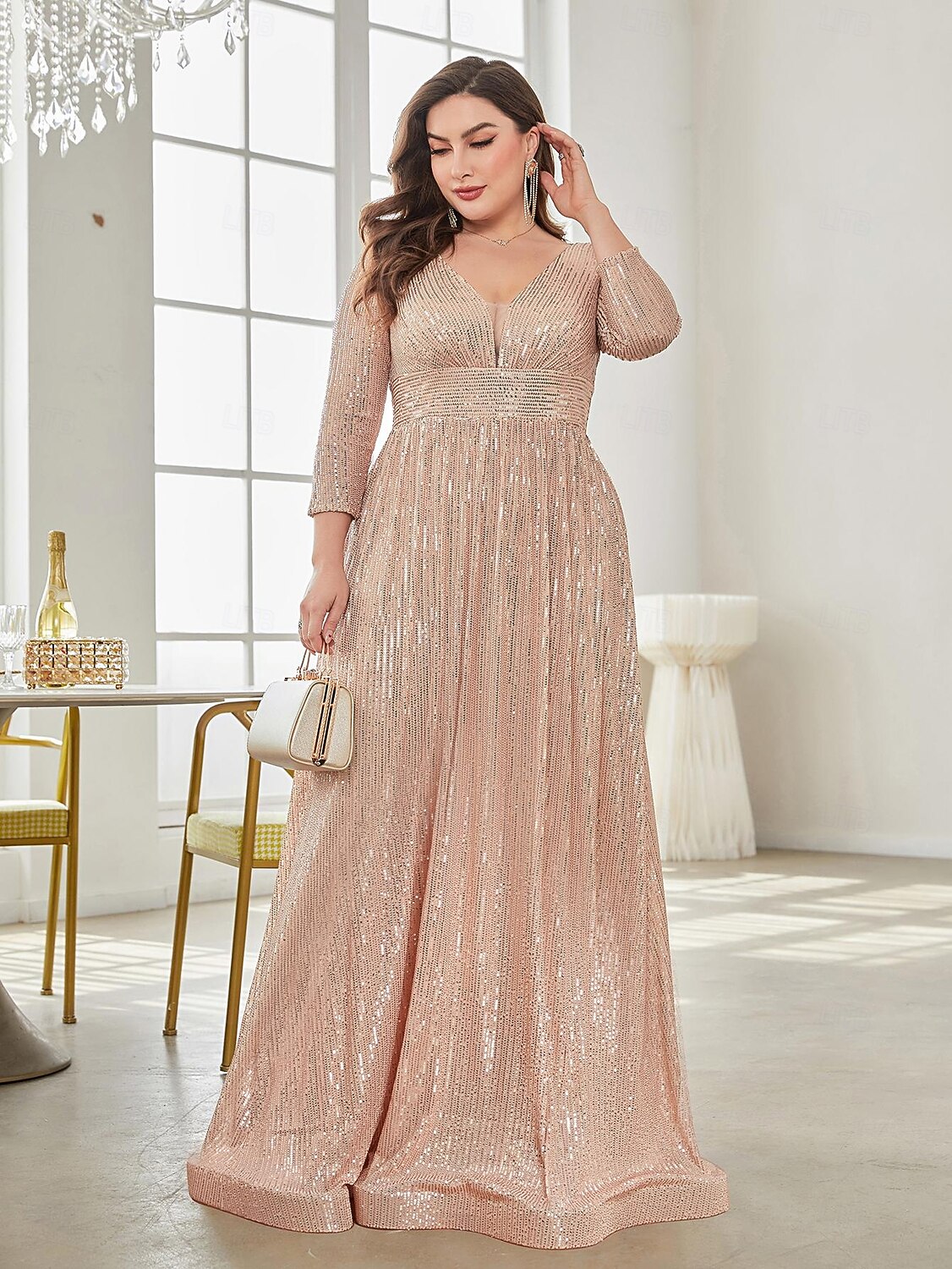 Linea ad A Lunghezza al pavimento Abiti da festa Elegante Manica Lunga Scollo a V Formale Invitato a matrimonio autunnale Con Paillettes con Glitter Paillettes del 2026 a $103.99 –P9