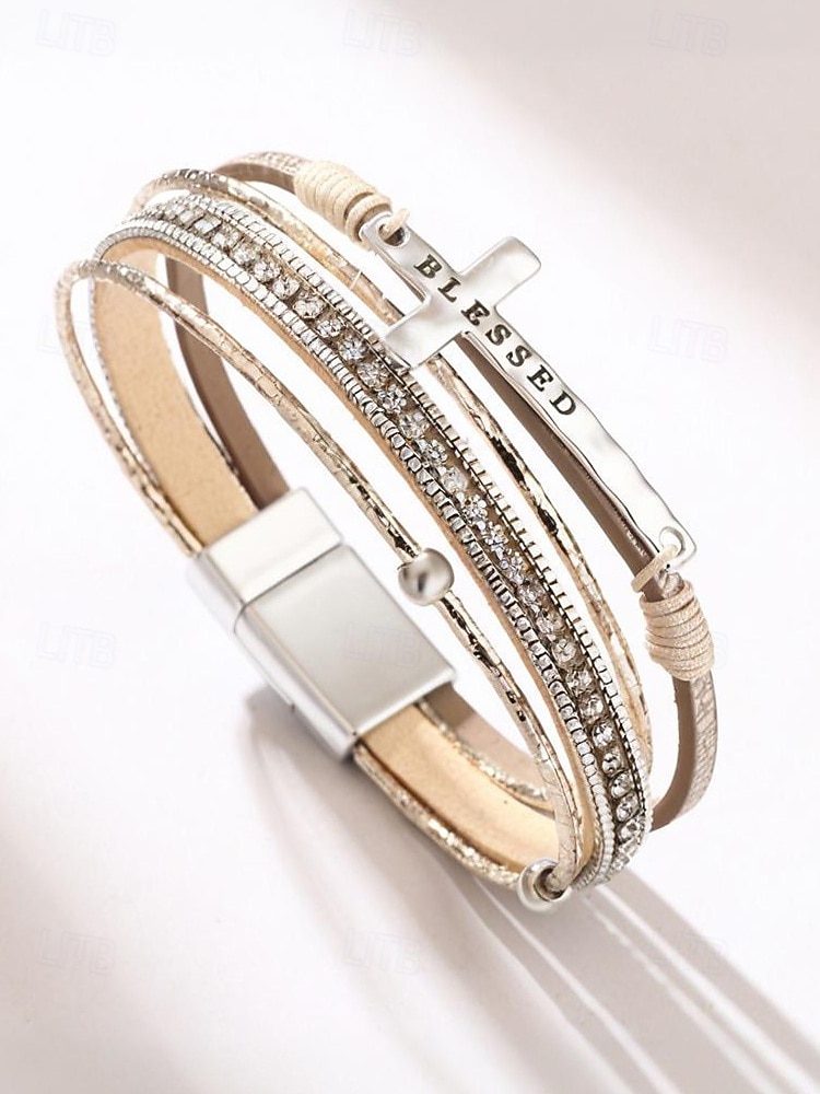 Dámský vícevrstvý náramek s křížkem a kamínky – inspirativní „požehnaný“ náramek z umělé kůže pro běžné nošení, do kostela i na zvláštní příležitosti 2026 - $9.99 –P7