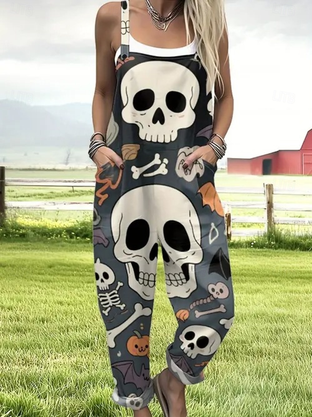 Salopette da donna 100% cotone attiva senza maniche dritta con scollatura quadrata e tasche per vacanze quotidiane fit rilassato nero rosa viola estate del 2026 a $54.99 –P4