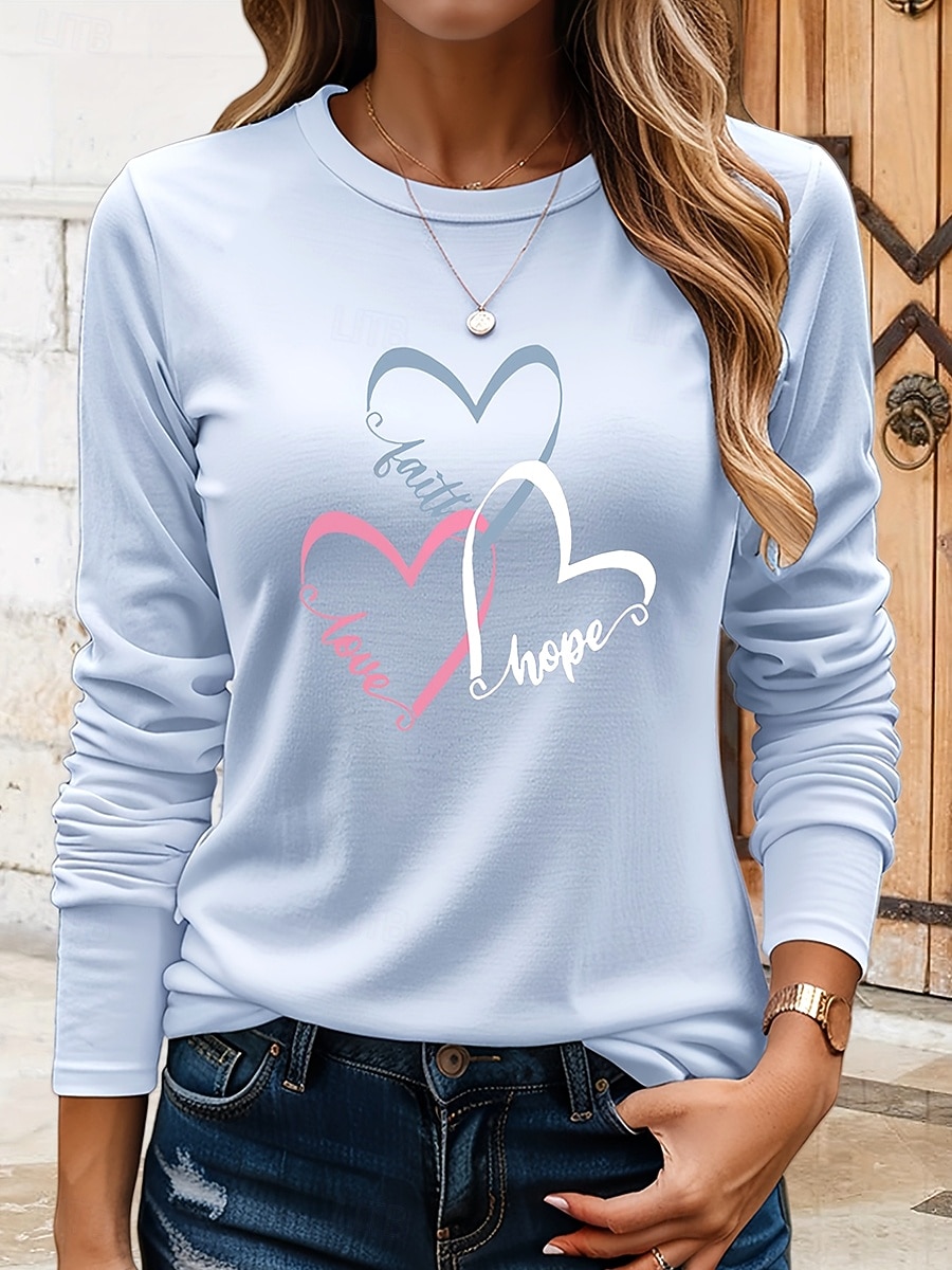 Damen T Shirt Druck Herz Grafik Vintage Stilvoll Klassisch Langarm Rundhalsausschnitt Rundhals Normale Oberteile Täglich Blau Schwarz Khaki Rosa Sommer Frühling Herbst 2026 - $24.99 –P1