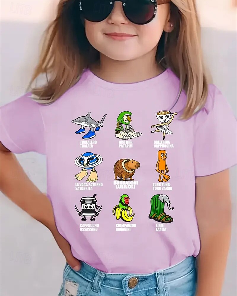 Camiseta engraçada com estampa de Brainrot italiana para meninas - camiseta leve e elástica com tecido elástico leve para crianças de 4 a 12 anos, casual para o dia a dia &roupa de festa de de 2025 por $11.99 –P5
