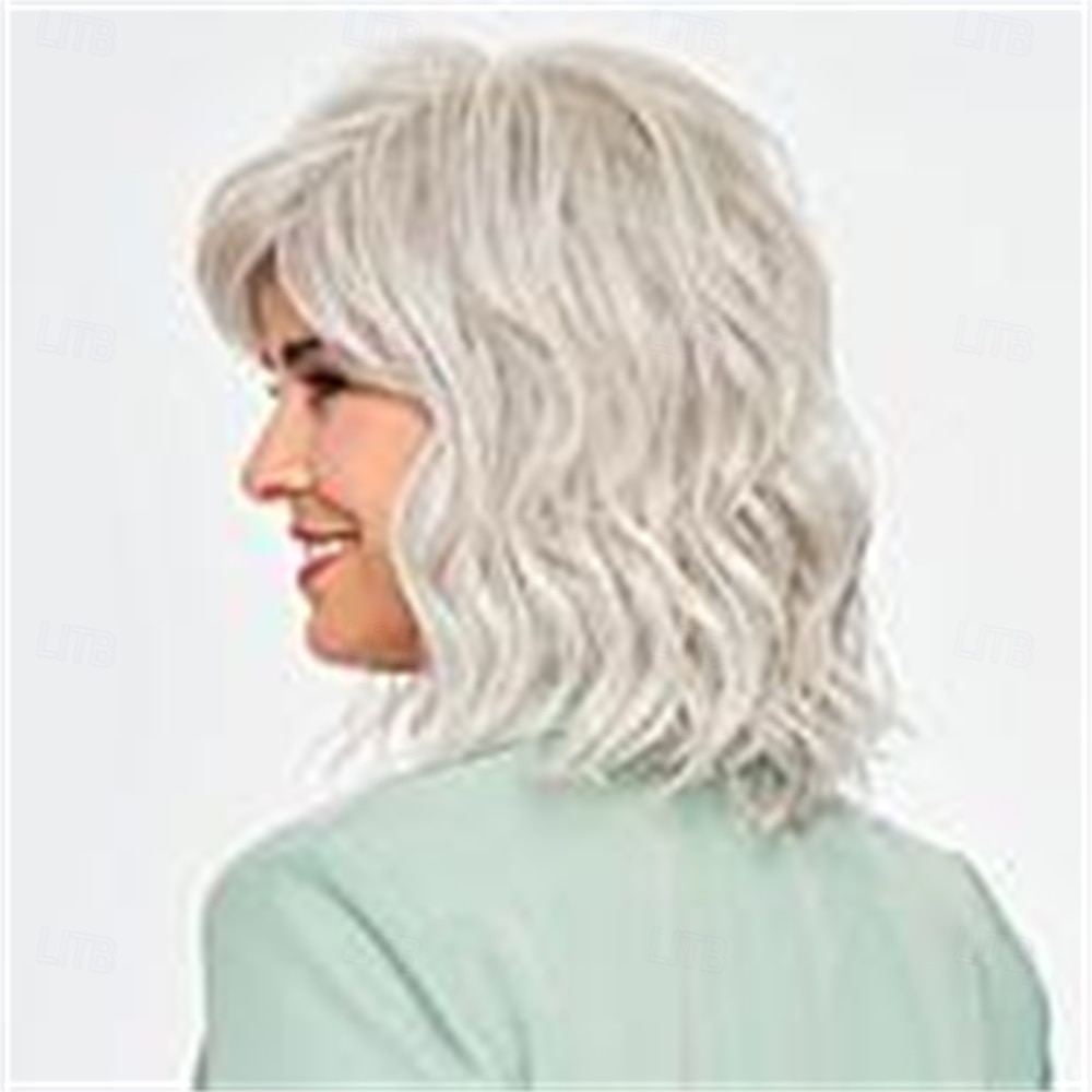 Peruca feminina bob ondulada cinza prateada, cabelo sintético realista de aparência natural, resistente ao calor, comprimento dos ombros, franja lateral, elegante, uso diário, estilo fashion de 2026 por SGD S$28.76 –P1