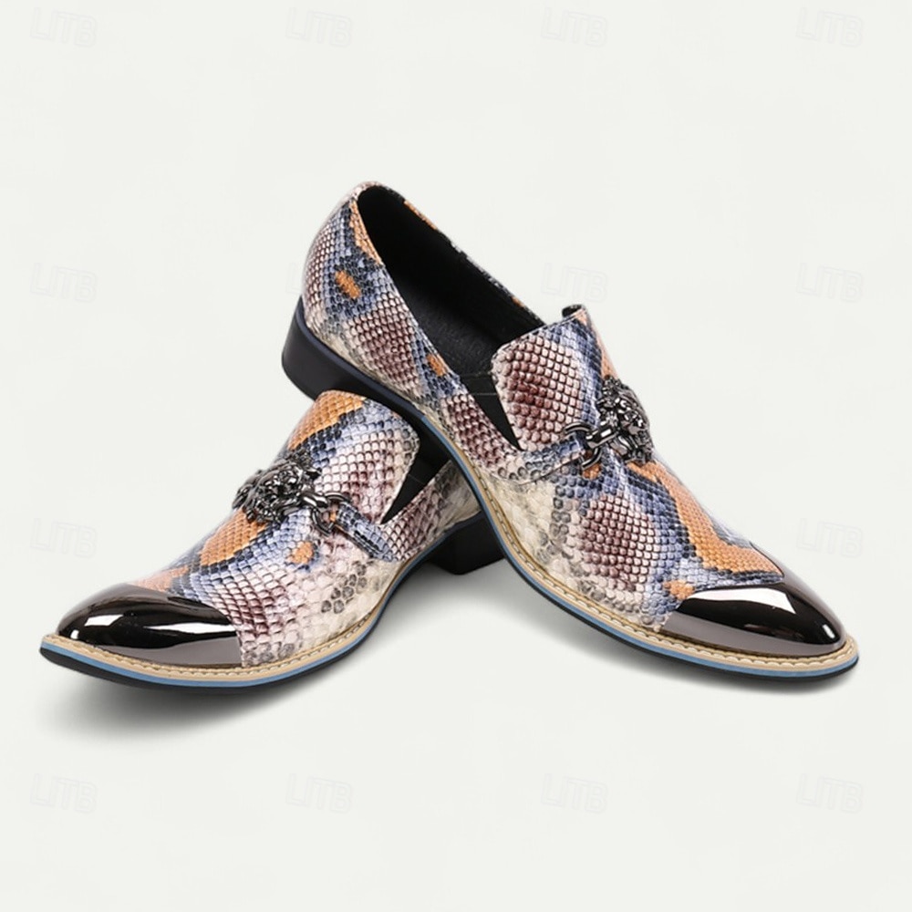 Sapatos sociais masculinos de pele de cobra multicolorida com bico fino – slip-ons de couro de vaca exótico com biqueira de metal para shows, festas temáticas e eventos de moda de 2026 por $119.99 –P6