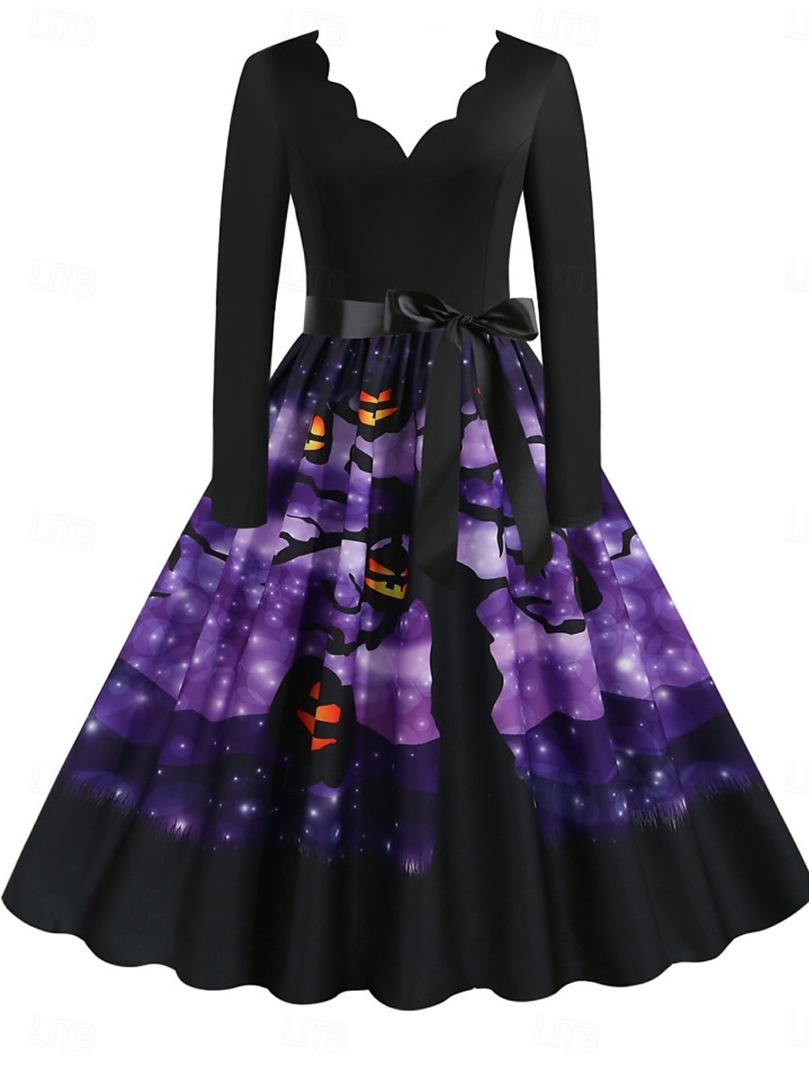Rochie midi de Halloween pentru femei cu imprimeu de dovleac rochie în formă de A casual zi de zi vacanță croială regulată dovleac mânecă lungă guler în V galben albastru mov portocaliu vară 2025 - $28.99 –P6