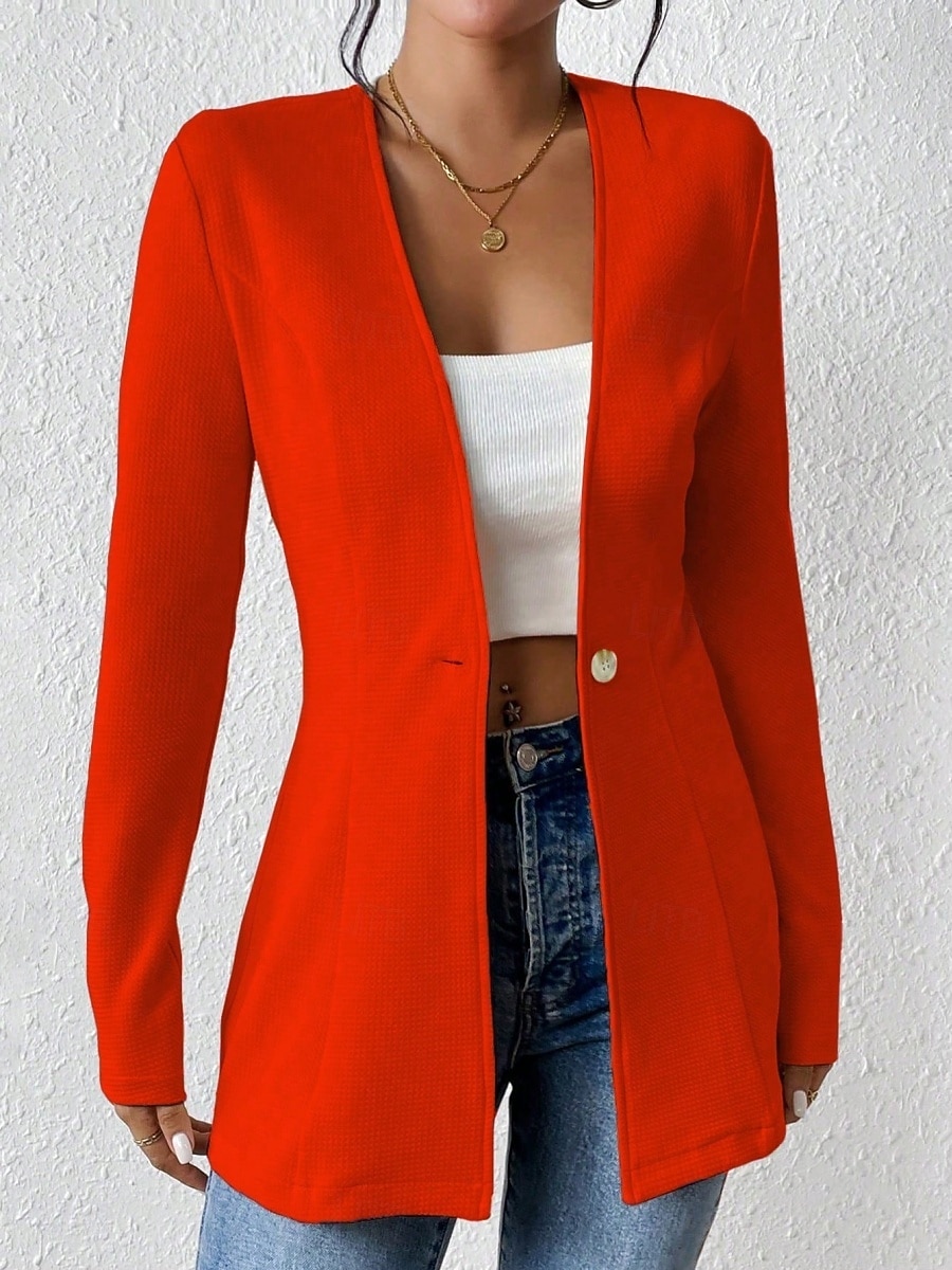 Dame Blazer Bekvem Pustende Knapper OL-stil Fritid عادي Kontor Gate Avslappet Dagligdagstøy Enkeltkneppet Normal V-hals Normal Langermet Yttertøy Svart Hvit Rød Vår Høst 2025 - $34.99 –P6
