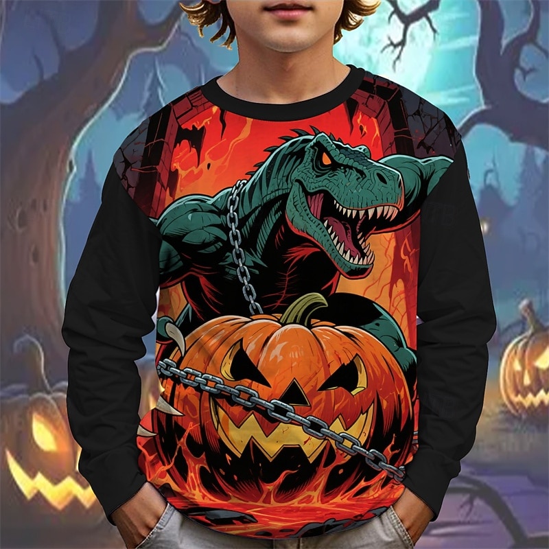 Halloween Băieți 3D Desene Animate Dovleac Dinozaur Tricou Manșon Lung Primăvară Toamnă Modă De Bază Copii 4-12 ani Stil Nautic În aer liber Casual Zilnic Fit regulat 2025 - $13.99 –P3