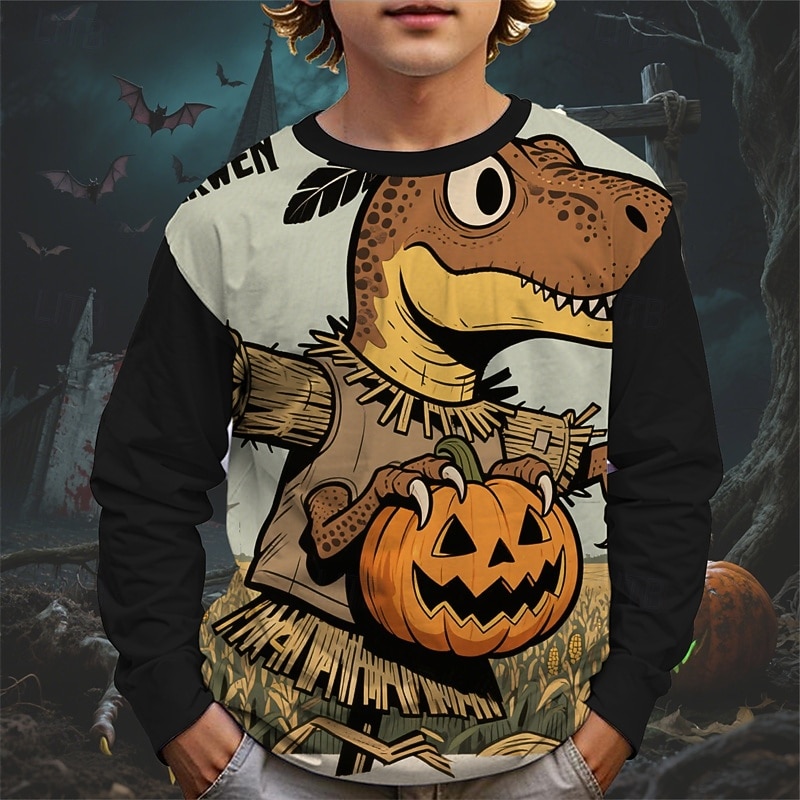 Halloween Poikien 3D Piirretty Kurpitsa Dinosaurus T-paita Pitkähihainen Kevät Syksy Muoti Perus Lapset 4-12 vuotta Tiukka pyöreä kaula-aukko ulko- Kausaliteetti Päivittäin Normaali 2025 - $13.99 –P4