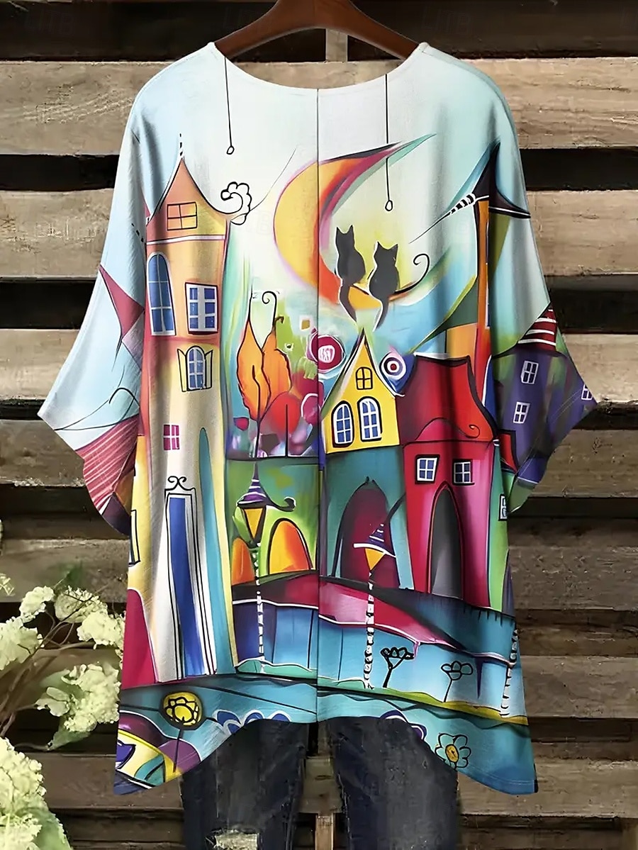 Dame Bluse Grafisk Dyr Katt Årgang Daglig Fritid Halvlange ermer Flaggermusermer Crew-hals Lange topper Daglig Ferie Strand Klær Assymetrisk Gul Rød Blå Kamel Grå Sommer Vår 2025 - $22.99 –P10