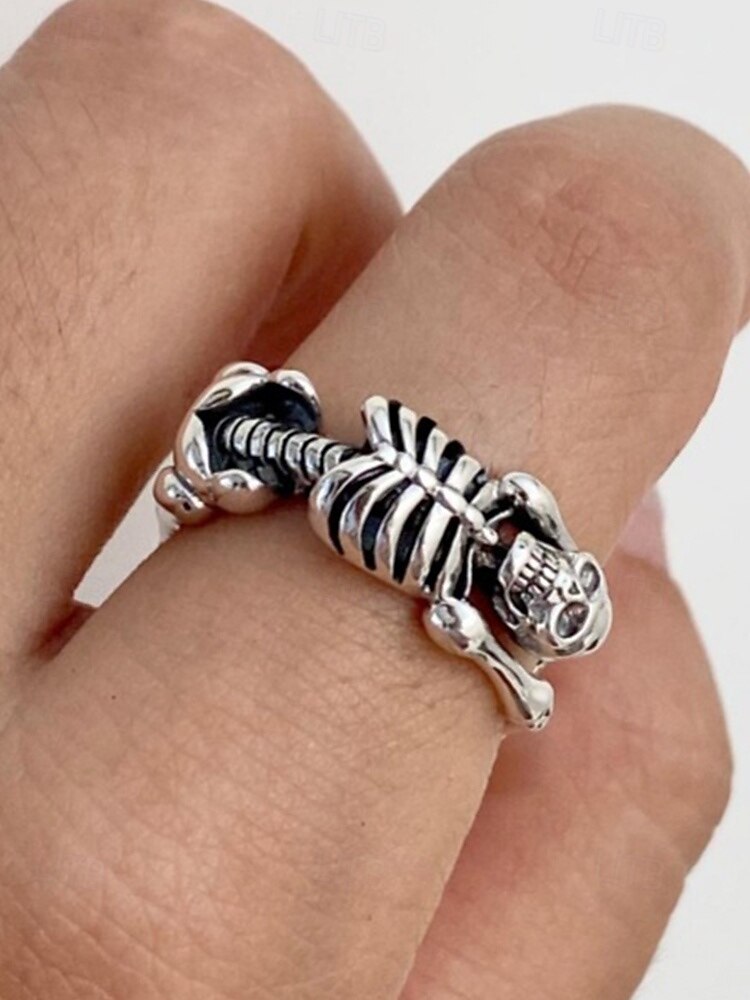 Halloween-skjelettring til dame – justerbar åpen viklering, sølvfarget legering med gotisk punk-hodeskalle og beindesign, statement-smykker til kostymefester, cosplay og kvelder ute 2025 - $7.99 –P2