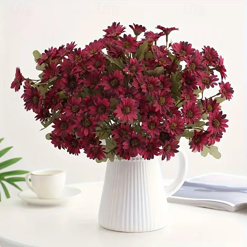 5 maços de flores artificiais de outono, crisântemos do pôr do sol, flores artificiais de outono para áreas externas com margaridas e eucalipto, plantas de floração plena, resistentes a raios UV, à de 2025 por $20.99 –P7