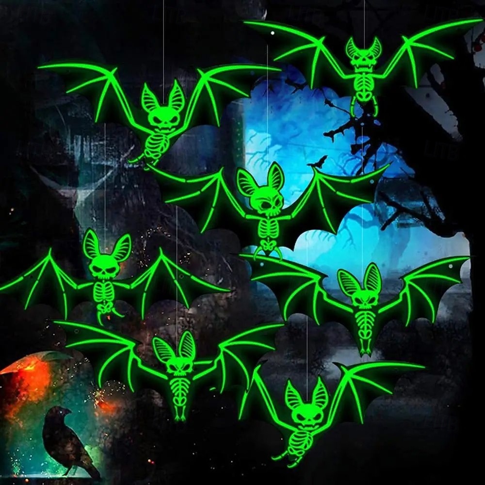 10 pezzi di decorazioni per l'atmosfera horror di Halloween, appese agli alberi con luce notturna fluorescente da pipistrello stereoscopico 3D, decorazioni per feste e case infestate del 2025 a $21.99 –P10