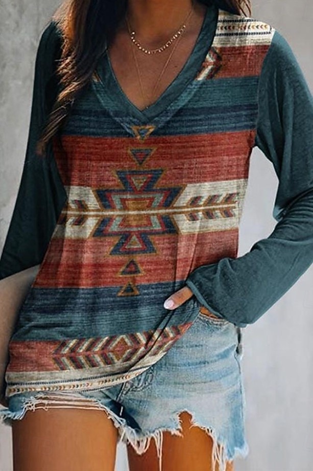 Femmes T-shirt Imprimé Graphique Géométrique Tribal Élégant Bohème ancien manche longue Col en V Hauts Réguliers Quotidien Sortir Week-end Bleu Noir Jaune Rouge Vert foncé Printemps Automne de 2026 ? $24.99 –P6