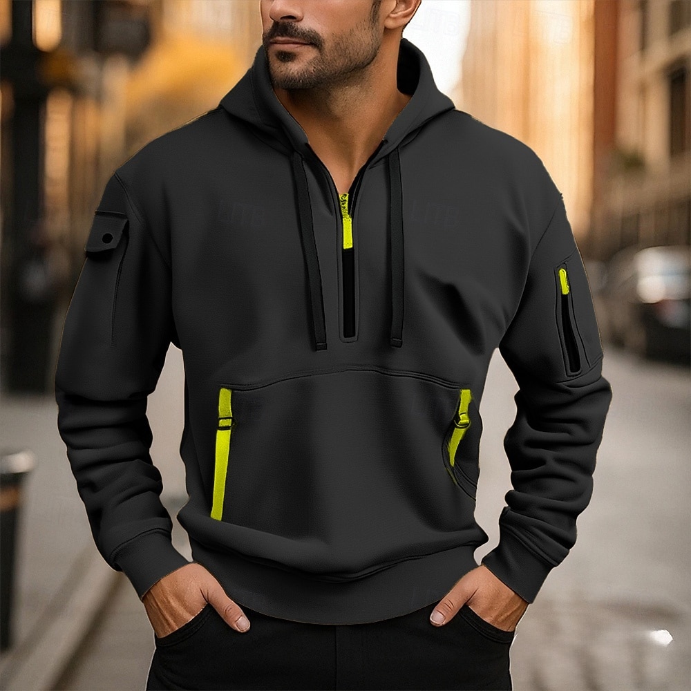 Voor heren Trui met capuchon Hoodie met kwartrits Zwart Wijn Marineblauw Khaki Grijs Capuchon Effen Zak Sport & Outdoor Dagelijks Feestdagen Polyester Streetwear Basic Casual Lente Herfst Kleding 2026 - $22.99 –P4