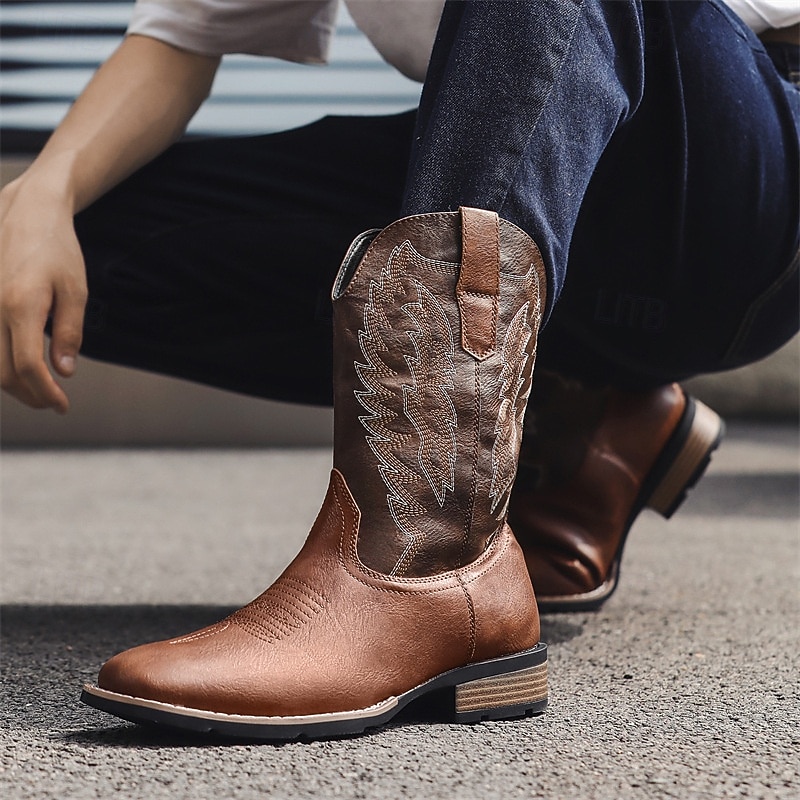 Pánské kovbojské boty - jezdecké boty ve westernovém stylu do poloviny lýtek, odolná klasická westernová obuv pro ležérní ranč, rodeo a každodenní kovbojský outfit 2025 - $59.99 –P5