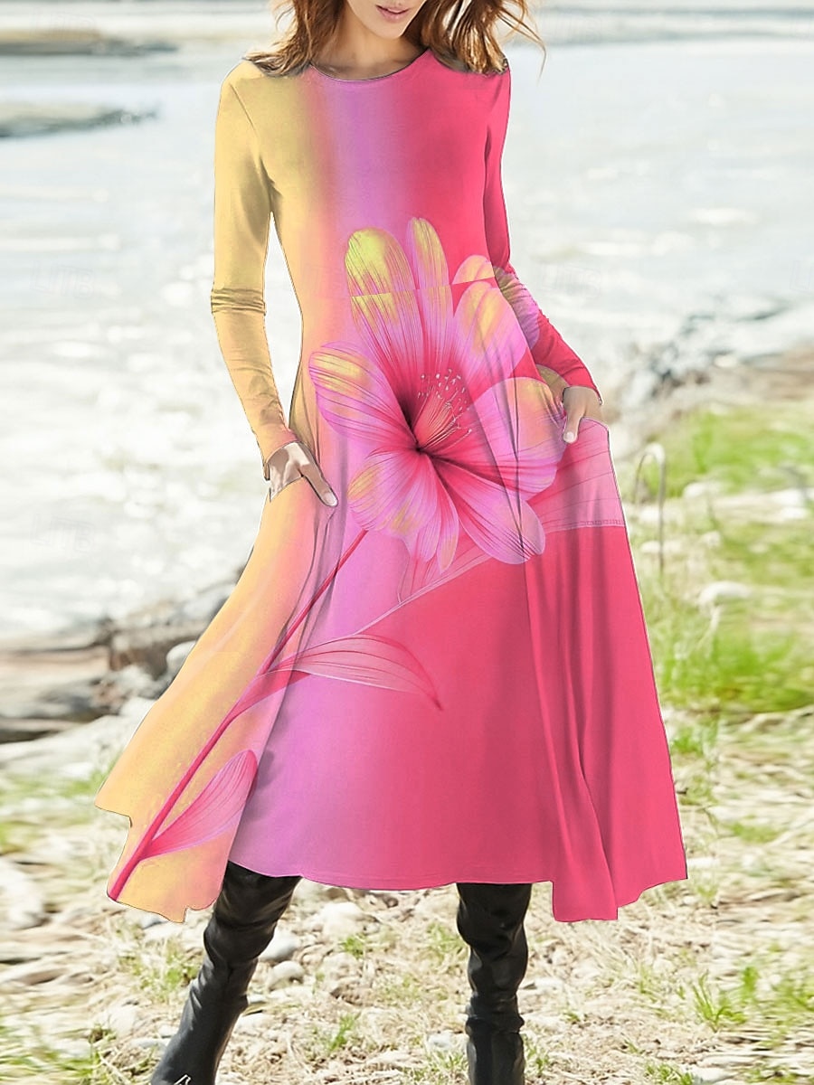 Damen Maxikleid A Linie Kleid Figurbetontes Kleid Urlaub Lässig Boho Party Täglich Ausgehen Normale Passform Ombre Blumen Grafik Langarm Rundhalsausschnitt Rote Blau Purpur Sommer Frühling Herbst 2025 - $36.99 –P2