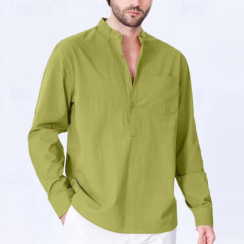 Herren Hemd Stehkragenhemd Popover-Hemd Freizeithemd Schwarz Rote Grün Kaki Hellgrau Langarm Einfarbig Henley Party Ausgehen Fronttasche Bekleidung Mode Sport & Outdoor 2025 - $23.99 –P7