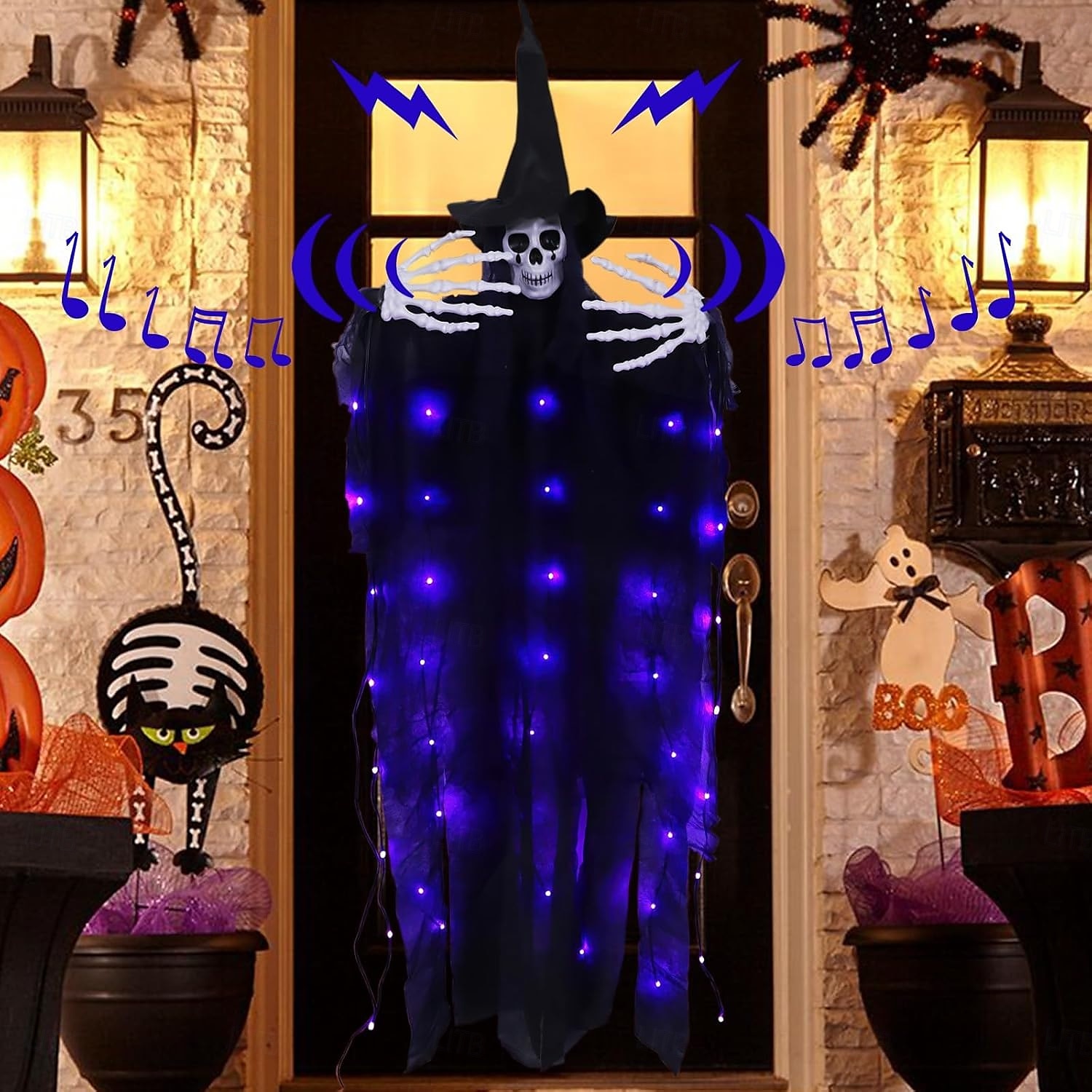 1 pièce 120 cm Halloween suspension lumineuse crâne lumière décorative, détection humaine, cinq effets sonores d'horreur, ambiance de fête intérieure et extérieure lumière décorative, boîte à piles de 2025 ? $20.99 –P1