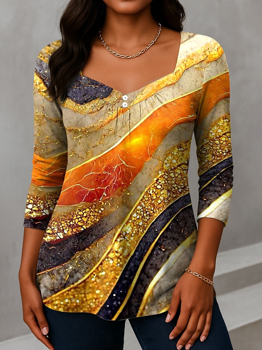 Per donna Maglietta Bottoni Stampato Ombre Grafico Vintage Moda Elegante Manica Lunga Scollo a V Collo asimmetrico Top Regolari Quotidiano Weekend Abbigliamento da vacanza Blu Giallo Viola Verde del 2026 a $24.99 –P1