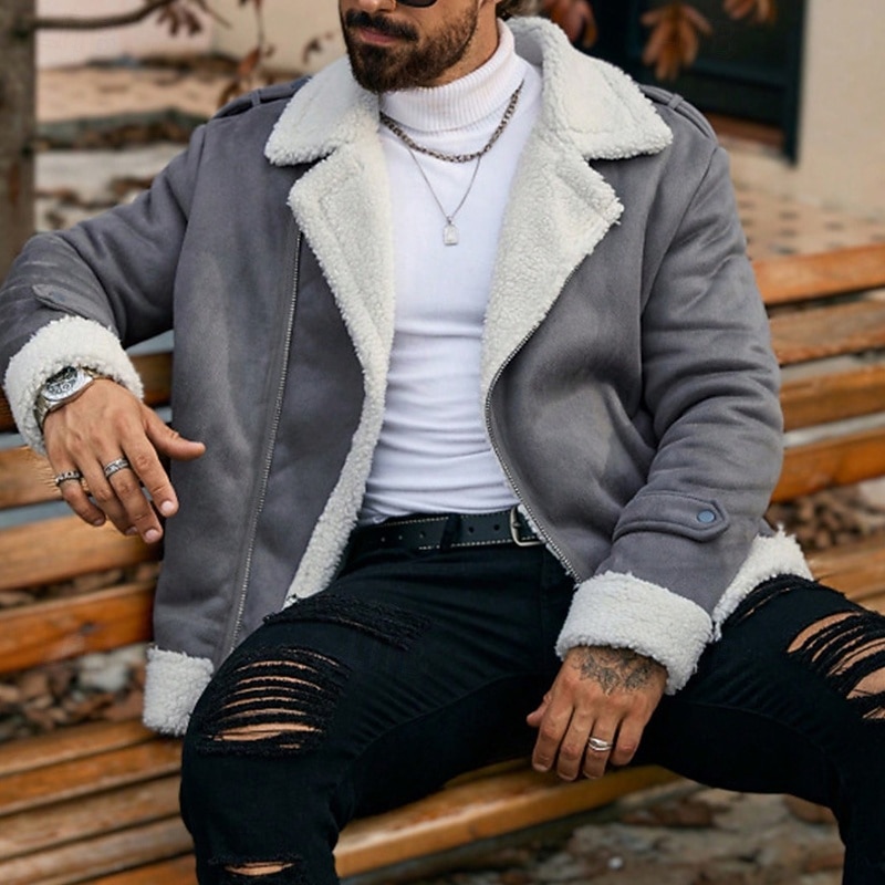 Herren Winterjacke Fleecejacke Sherpa-Jacke Urlaub Täglich Winddicht Warm Tasche Herbst Winter Einfach Mode Klassisch Revers Regulär Kunstleder Grau Jacken 2025 - $55.99 –P1
