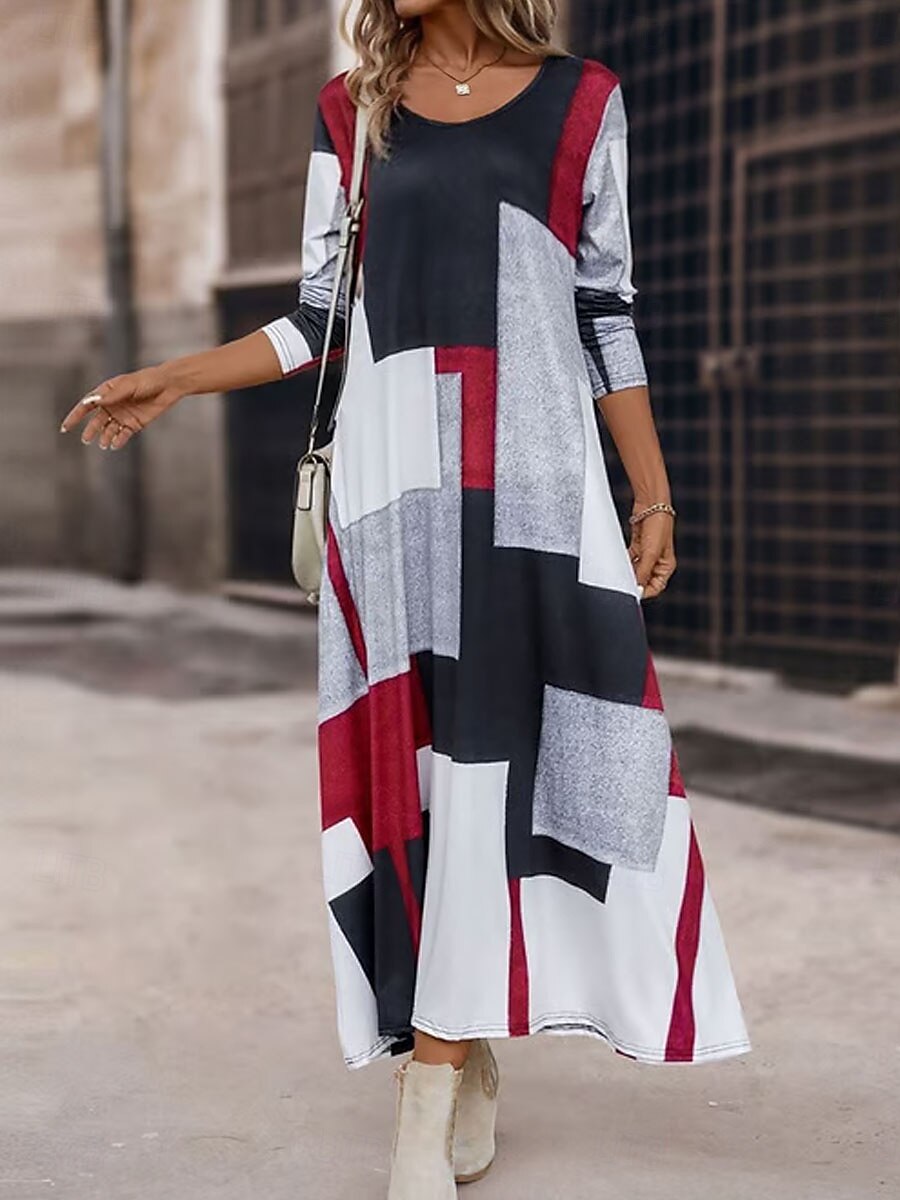 Damen Maxikleid A Linie Kleid Sommerkleid Urlaub Lässig Normale Passform Grafik Geometrisch Abstrakt Langarm Rundhalsausschnitt Rote Frühling Herbst Winter 2025 - $36.99 –P1