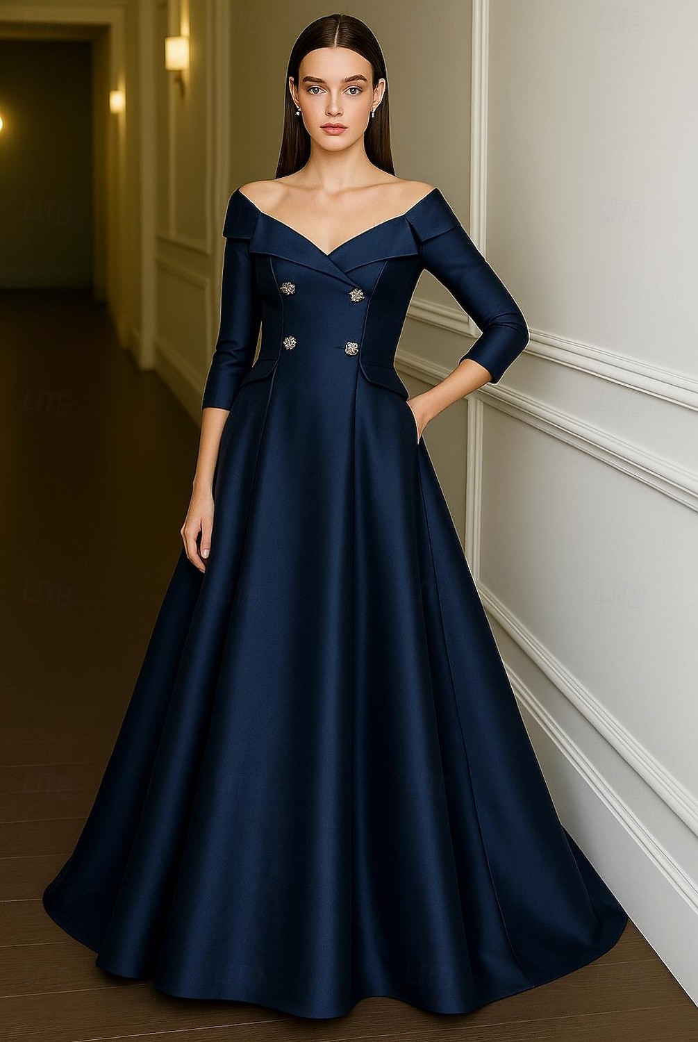 Smokingkleid A-Linie Formell Hochzeit Hochzeitsgast Satin Elegant seidig 3/4 Ärmel Plissee Bodenlang 2025 - $144.99 –P1