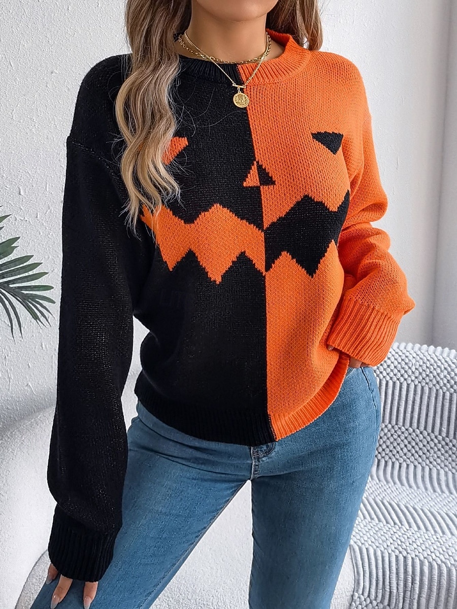 Maglione da donna Halloween con zucca casual morbido grafica colletto a coste maniche lunghe top regolari lavorato a maglia arancione khaki autunno inverno pre-autunno del 2025 a $31.99 –P1