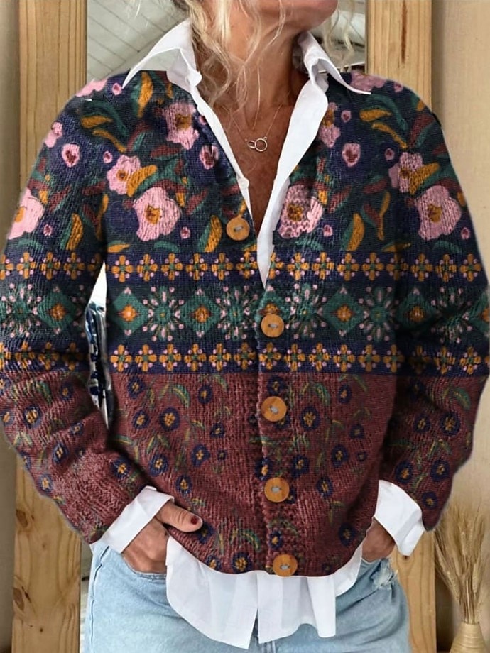 Damen Strickjacke Pullover Mit Wabenstruktur Knopfleiste Rundhalsausschnitt Langarm Leicht Elegant Vintage Blumengrafik Gestreift Knopfprint Strick Outdoor Wochenende Rosa Lila Herbst Winter 2025 - $31.99 –P5