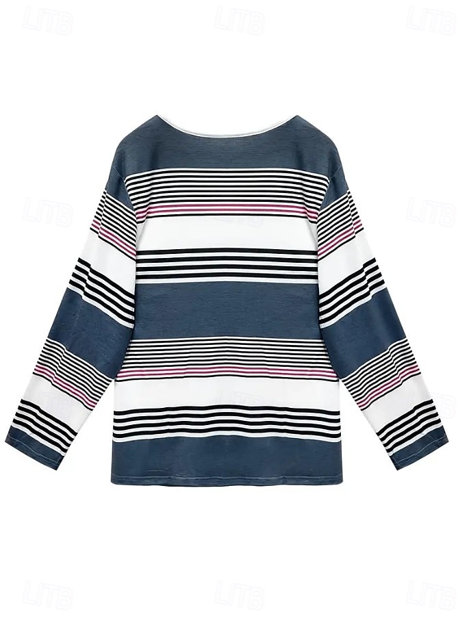 Pentru femei Tricou Grafic Geometric Dungi Epocă Stilat Clasic Manșon Lung În V Gât crestat Topuri obișnuite Zilnic Sfârșit de săptămână Imprimeu Negru și Alb Albastru Prăfuit Gri Primăvară Toamn 2025 - $23.99 –P4