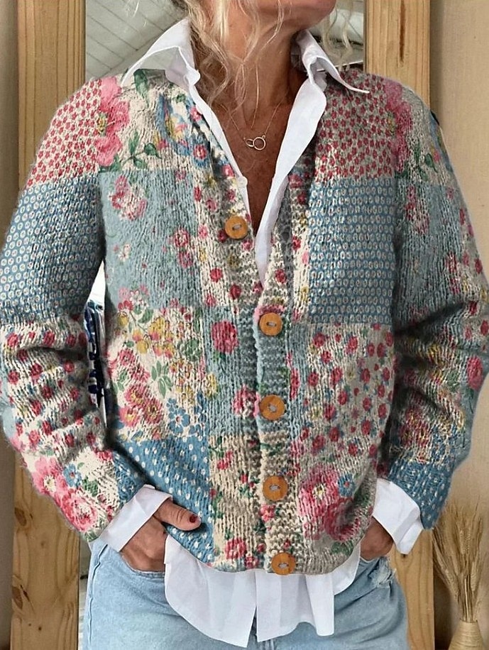 Damen Strickjacke Pullover Mit Wabenstruktur Knopfleiste Rundhalsausschnitt Langarm Leicht Elegant Vintage Blumengrafik Gestreift Knopfprint Strick Outdoor Wochenende Rosa Lila Herbst Winter 2025 - $31.99 –P7