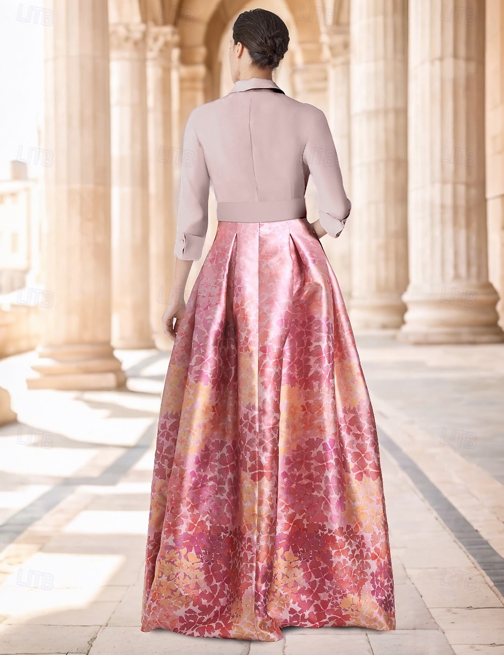 גזרת A עד הריצפה שמלת אורח לחתונה שמלה רשמית שמלת פלייר שמלה לאם הכלה  חצי שרוול צווארון חולצה אלגנטית בלוק צבע פיצול גבוה חתונה רשמי סאטן עם הדפס פרחוני שסע 2026 - $186.99 –P2