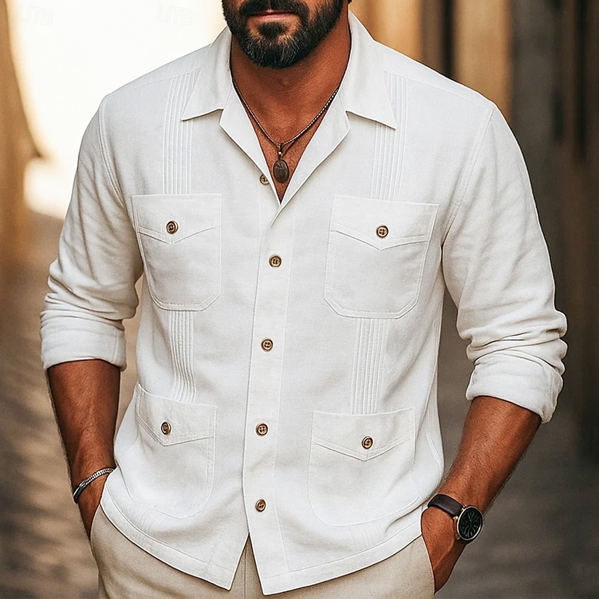 Per uomo Camicia Camicia di lino Camicia Guayabera Camicia Estiva Camicia da Spiaggia Camicia con Bottoni Semplice Vacanza Casuale Bianco Manica Lunga Collo Camp Estate Primavera Abbigliamento Tasca del 2025 a $27.99 –P2