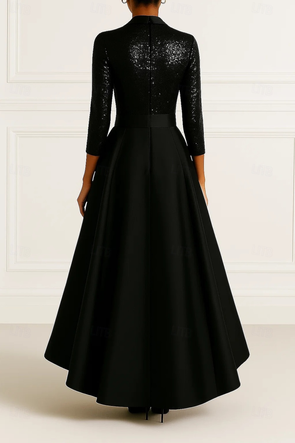Blazer noir extensible à paillettes, robe de soirée trapèze, robe élégante de mariage formelle, longueur au sol, manches 3/4, revers en satin avec plis pailletés, 2025 de 2025 ? $139.99 –P2