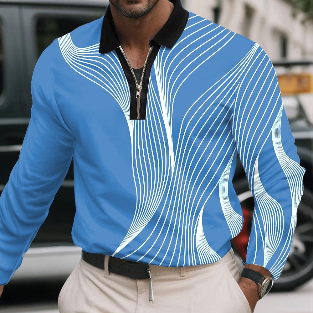 Herre Geometrisk Linje Polo Langermet Poloskjorter Knaphul Business Casual treningsklær Dagligdagstøy 3D-utskrift Kvart zip-polo Vår Høst Vinter Blå Svart Hvit 2026 - $22.99 –P4