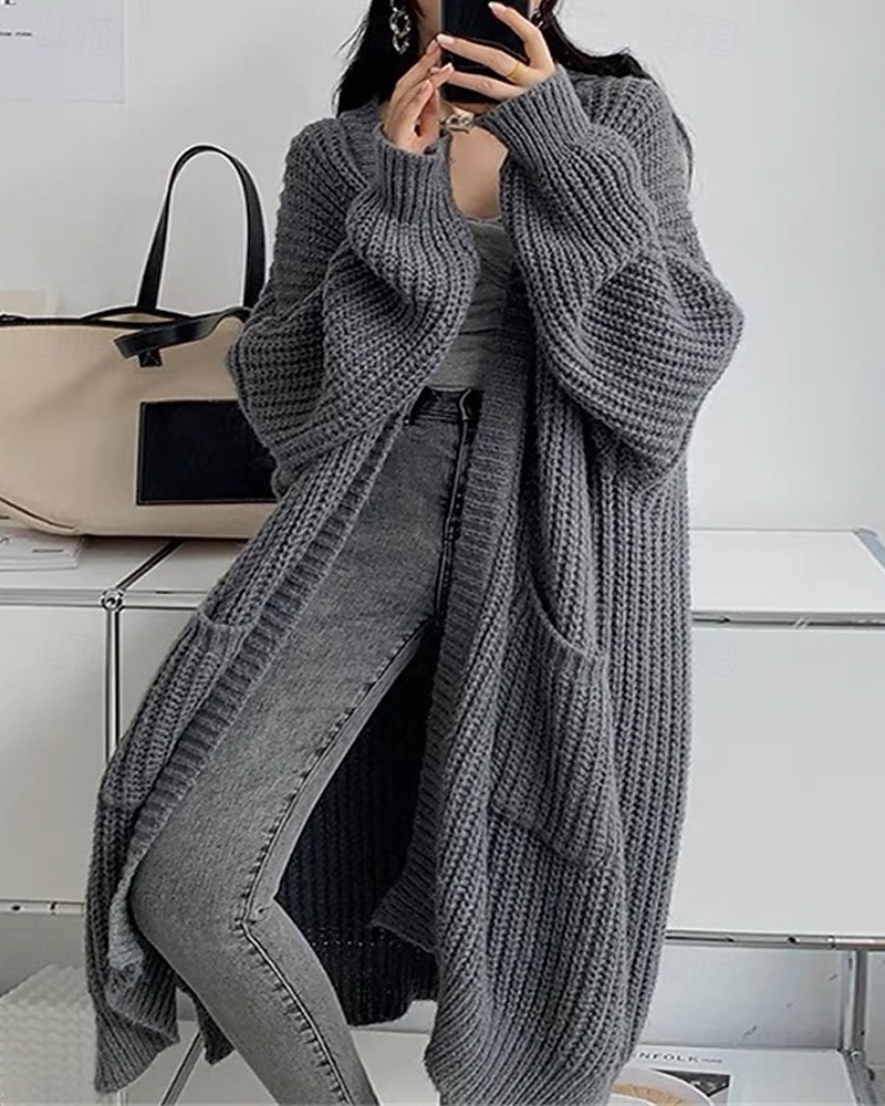 Naisten Neulos Neule Muoti Katutyyli Vapaa-aika Puhdas väri Joustin Avoin etuosa Tasku Kudottu Pitkähihainen Pitkät topit Neuloa ulko- Päivittäin Viikonloppu Viininpunainen Musta Syksy Talvi 2025 - $13.99 –P4