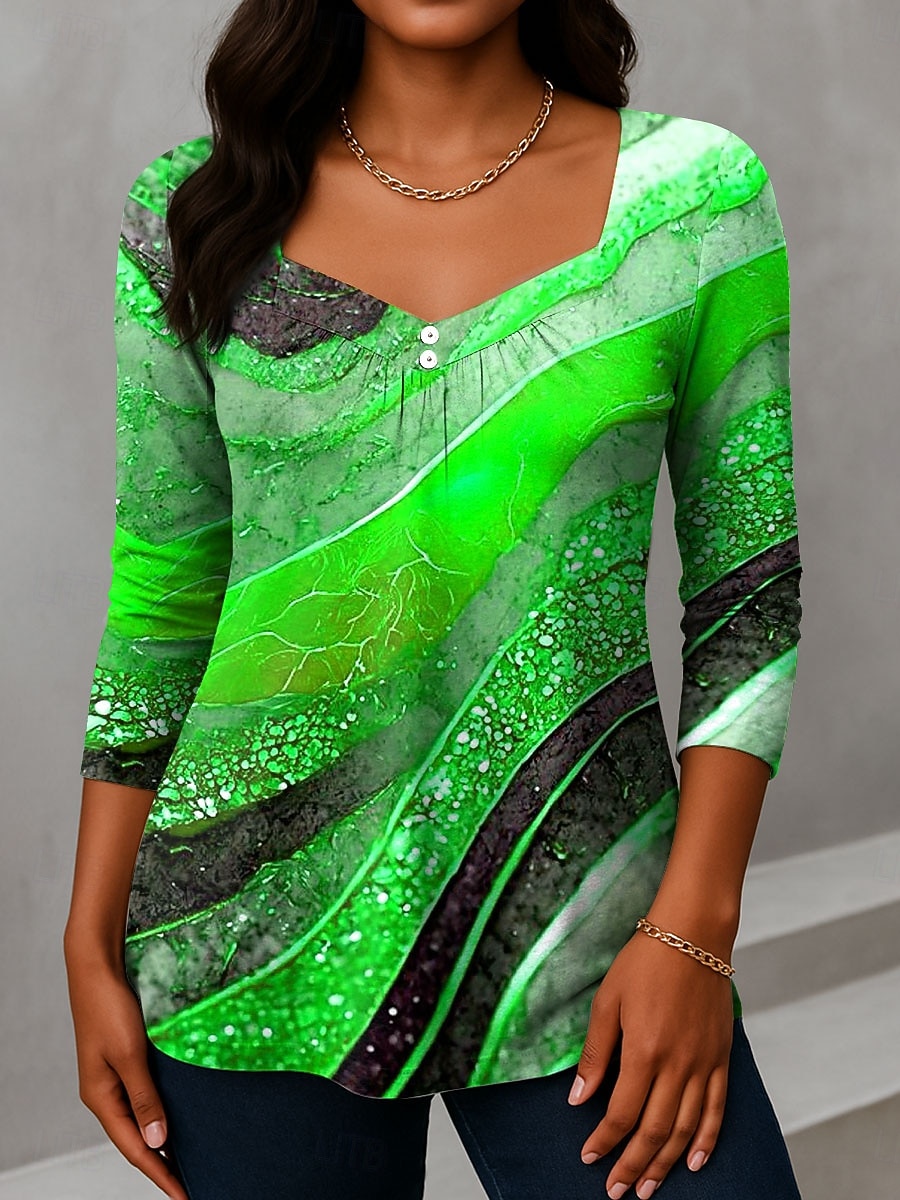 Per donna Maglietta Bottoni Stampato Ombre Grafico Vintage Moda Elegante Manica Lunga Scollo a V Collo asimmetrico Top Regolari Quotidiano Weekend Abbigliamento da vacanza Blu Giallo Viola Verde del 2026 a $24.99 –P4