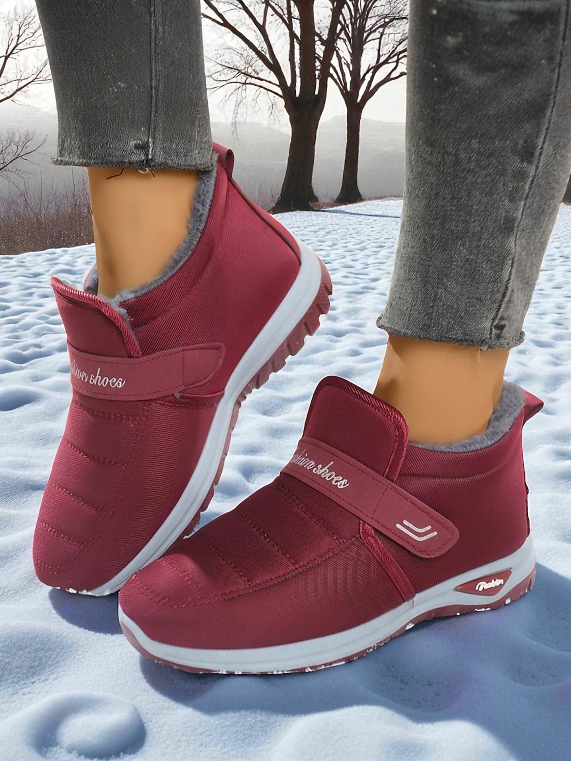 scarpe da ginnastica invernali da donna in caldo pile foderato color bordeaux – racchette da neve impermeabili e antiscivolo per passeggiate all'aperto e clima freddo del 2025 a $24.99 –P4