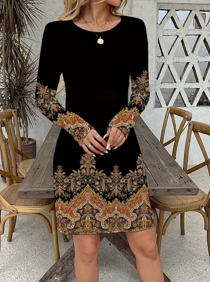 Women's Mini Dress Corset Dress Vacation Casual Boho Daily Birthday Holiday  Regular Fit Graphic Paisley Tribal Long Sleeve Crew Neck Black Gold Gray  Spring Fall Winter 2026 - $26.99