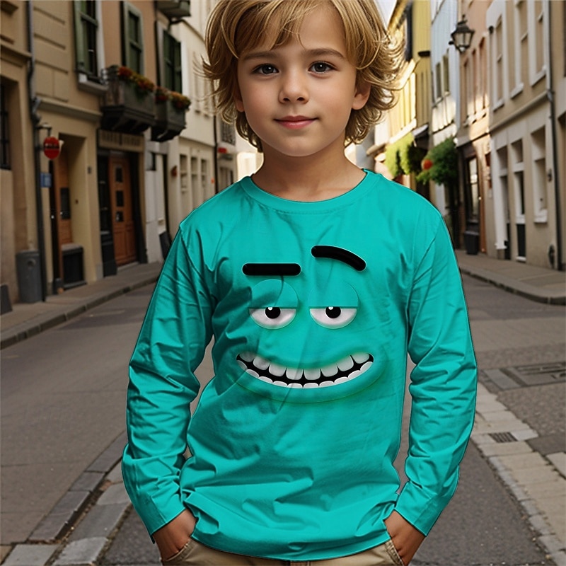 Pojkar tecknat roligt leende ansikte t-shirt långärmad 3D-tryck höst vintermode grundläggande barn 4-12 år rund hals utomhus casual daglig normal passform 2025 - $13.99 –P4