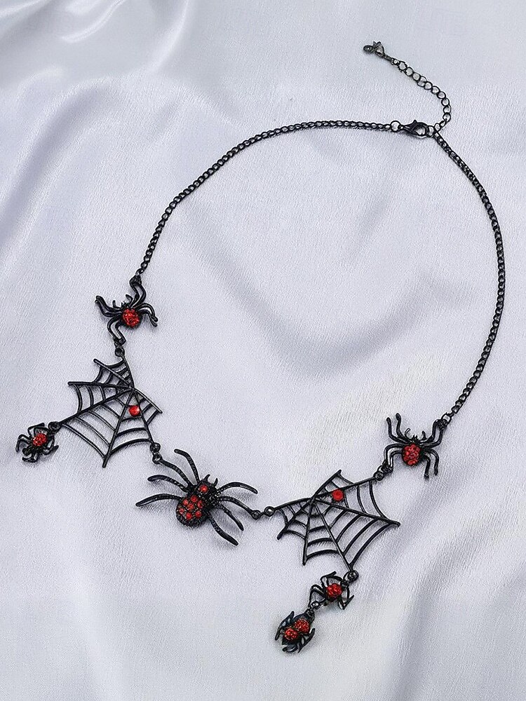 Dámský halloweenský gotický náhrdelník a náušnice s pavučinou, černočervené krystalové šperky s hmyzem na kostýmní večírky a cosplay 2025 - $11.99 –P5