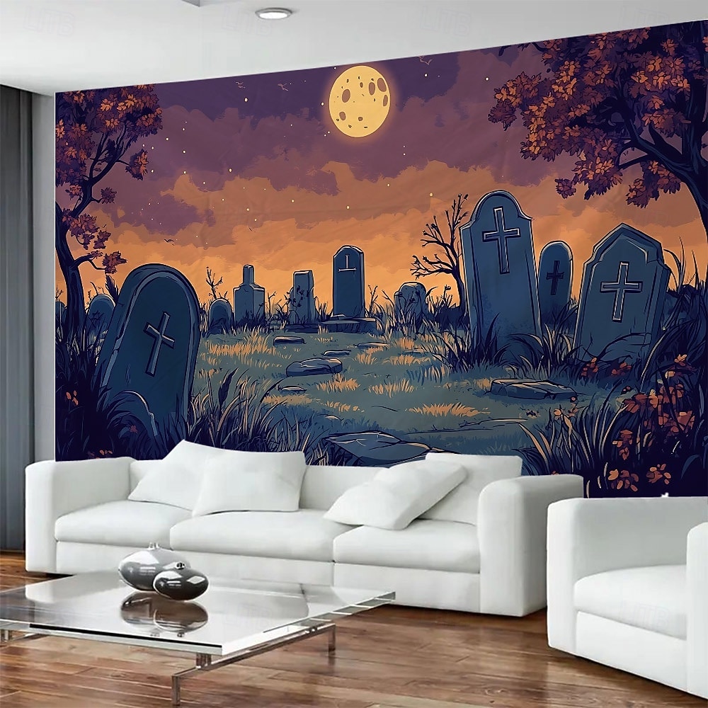 arazzo con sfondo fotografico di Halloween, cimitero cupo, lanterna di zucca e scenario di luna piena, grande murale decorativo per camera da letto, soggiorno, festa e decorazione della casa del 2026 a $17.99 –P3
