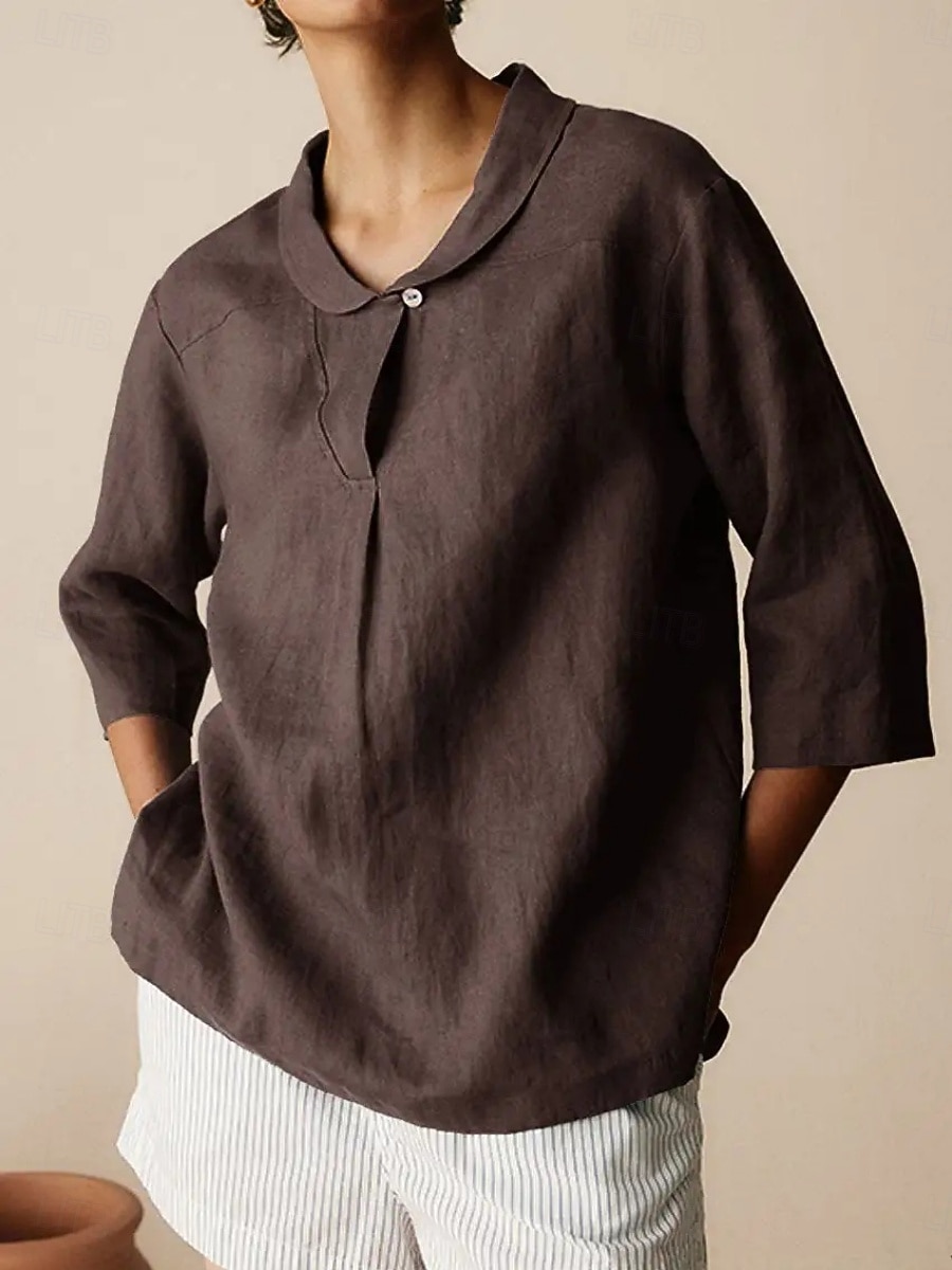 Per donna Camicie di cotone e lino Semplice Quotidiano Moderno Manica 3/4 Colletto a Camicia Top Regolari Quotidiano Bottoni Nero Arancione Marrone Cachi Grigio Estate Primavera Autunno del 2025 a $19.99 –P6