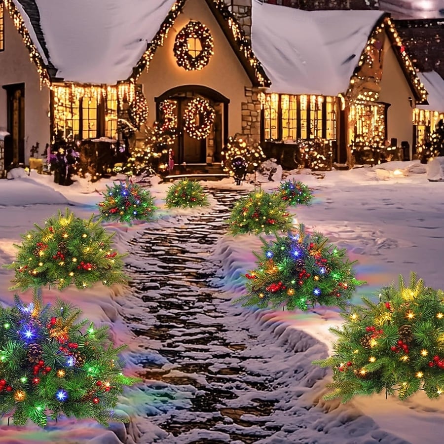 Urna de árbol de Navidad artificial preiluminada, decoración navideña para exteriores con plantas artificiales adornadas con adornos variados y luces LED blancas preinstaladas, decoración navideña con 2025 - $29.99 –P12